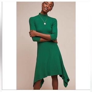 Anthro NWT Green Asymmetrical Ribbed Mock Neck Dress